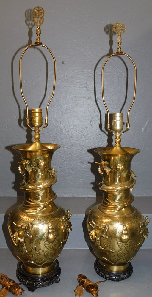 Pair Polished Brass Dragon Urn Lamps (1 of 7)