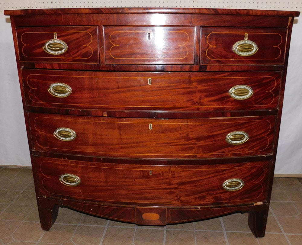 19th C English Mahogany Inlay 3/3 Drawer Bow Front Chest (1 of 6)