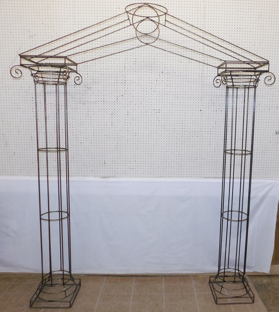 Wrought Iron Arch ( Three Pieces): Wrought Iron Arch ( Three Pieces). 82 1/2" W 72" D 102" H ALL DESCRIPTIONS AND ANY CONDITION STATEMENT GIVEN BY LANGSTON AUCTION GALLERY ARE STRICTLY OPINIONS AND LANGSTON'S SHALL HAVE NO RESPONSIBILI