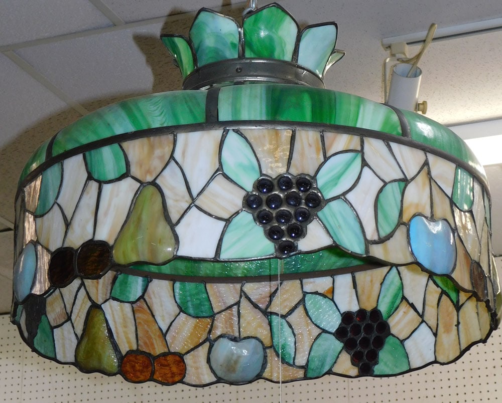 Antique Stain Glass Light Fixture: Antique Stain Glass Light Fixture. 22 1/4" Dia 16" H ALL DESCRIPTIONS AND ANY CONDITION STATEMENT GIVEN BY LANGSTON AUCTION GALLERY ARE STRICTLY OPINIONS AND LANGSTON'S SHALL HAVE NO RESPONSIBILITY FO