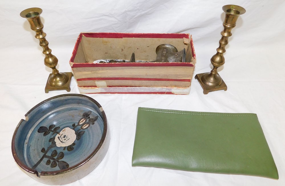 Lot Brass Candlesticks - Meat Grinder - Bank Bag (1 of 3)