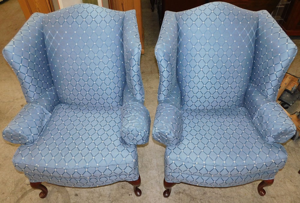 Pair Cherry Upholstered Queen Ann Style Wing Back Chairs (1 of 7)