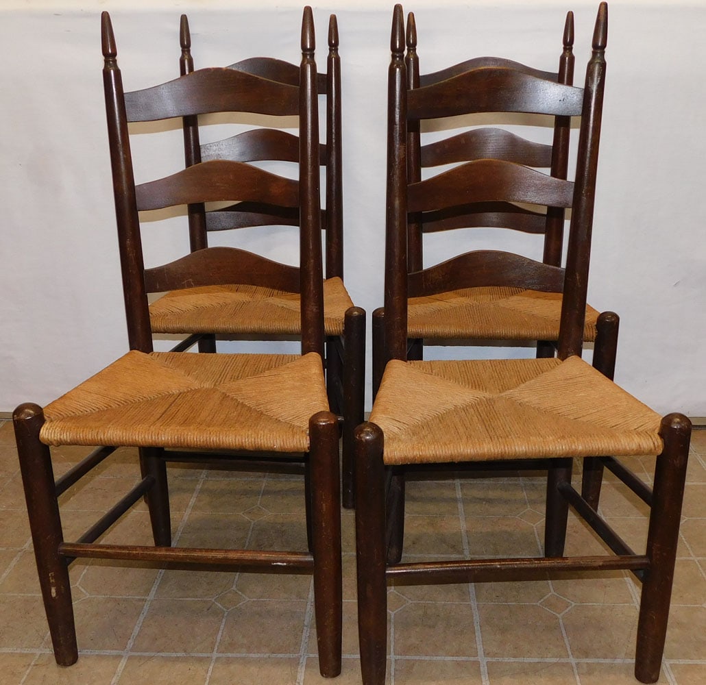Set 4 Walnut Ladder Back Rush Bottom Dining Chairs (1 of 5)