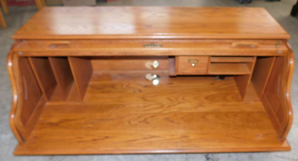 Oak S Roll Desk Top: Oak S Roll Desk Top . 55 1/2" W 30" D 19 1/4" H ALL DESCRIPTIONS AND ANY CONDITION STATEMENT GIVEN BY LANGSTON AUCTION GALLERY ARE STRICTLY OPINIONS AND LANGSTON'S SHALL HAVE NO RESPONSIBILITY FOR ERR
