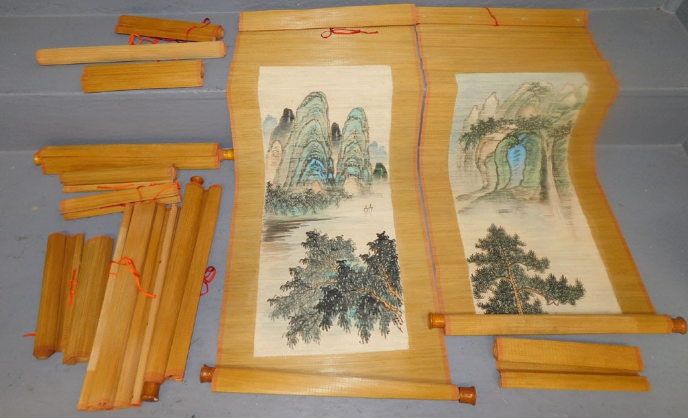 Lot Oriental Watercolors On Bamboo Scrolls (1 of 10)