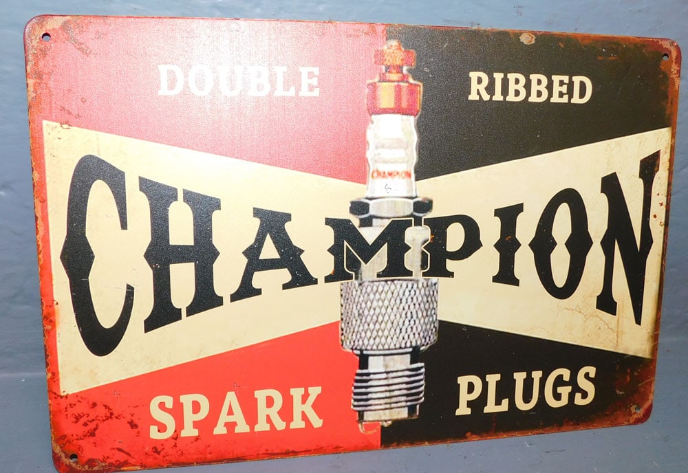 Painted Metal Sign " Champion Spark Plugs " (1 of 2)
