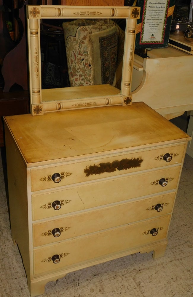 Diminutive Paint Decorated 4 Drawer Chest & Matching Mirror By Hitchcock (1 of 6)