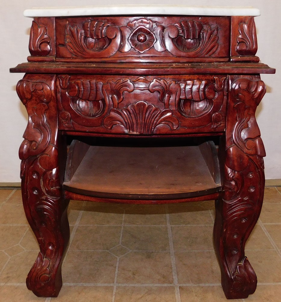 Mahogany Carved Marble Top Two Drawer Stand (1 of 6)