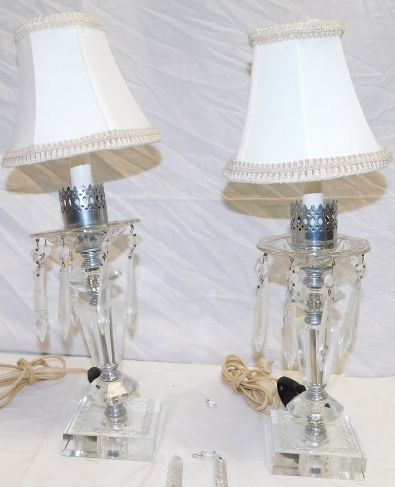 Pair Glass Girandole Prism Lamps: Pair Glass Girandole Prism Lamps. 16" H ALL DESCRIPTIONS AND ANY CONDITION STATEMENT GIVEN BY LANGSTON AUCTION GALLERY ARE STRICTLY OPINIONS AND LANGSTON'S SHALL HAVE NO RESPONSIBILITY FOR ERRORS OR O