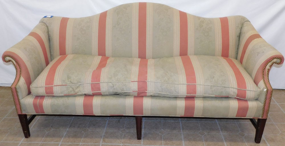Upholstered Camel Back Sofa With Down Cushion: Upholstered Camel Back Sofa With Down Cushion. 78" W 31" D 35" H ALL DESCRIPTIONS AND ANY CONDITION STATEMENT GIVEN BY LANGSTON AUCTION GALLERY ARE STRICTLY OPINIONS AND LANGSTON'S SHALL HAVE NO RESPO