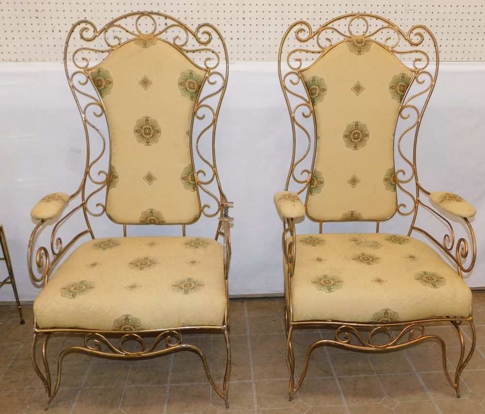 Pair Wrought Iron Upholstered High Back Arm Chairs (1 of 4)