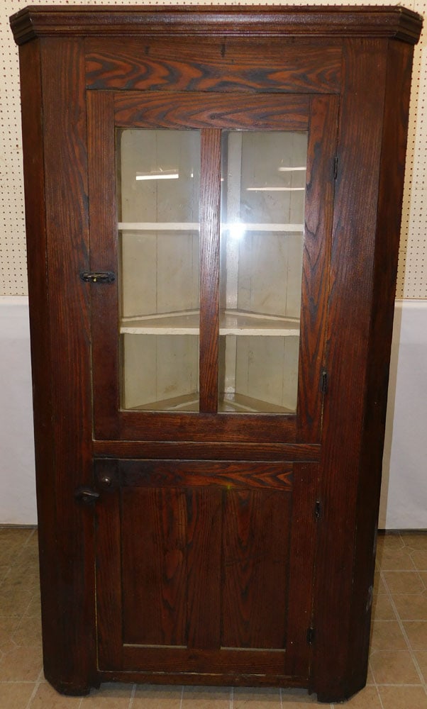 Antique Chestnut Glass Door One Part Corner Cabinet (1 of 6)