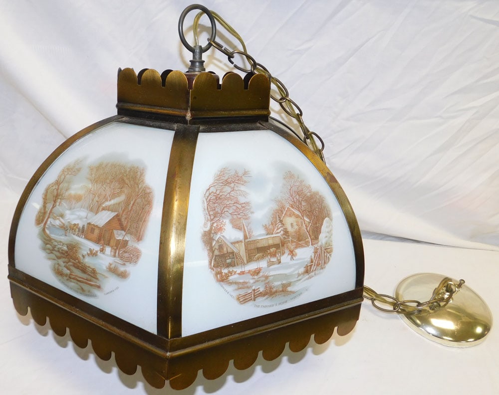 Painted Glass Light Fixture With Currier & Ives Scenes (1 of 3)