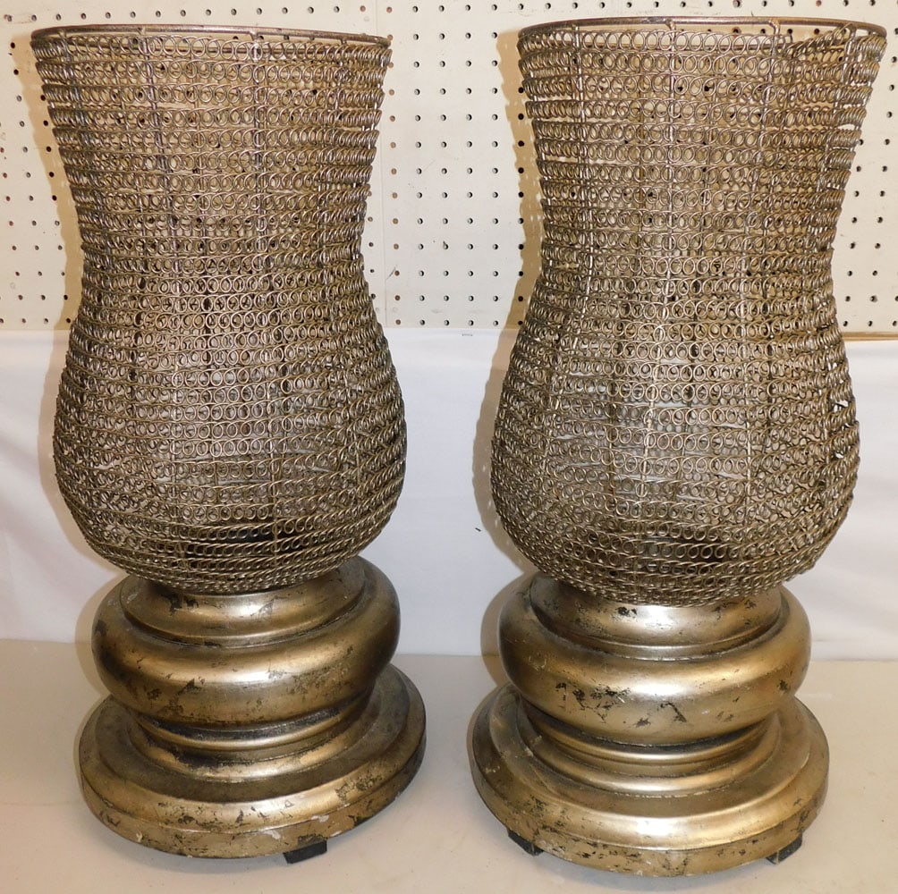 Pair Large Gilt Resin Candleholders With Wire Shades (1 of 3)