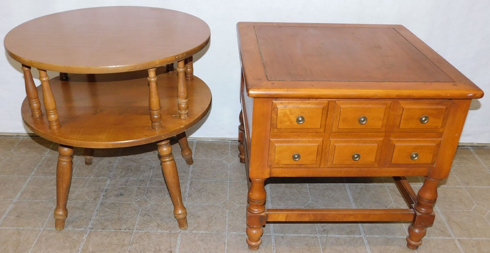 Two Maple End Tables: Two Maple End Tables. 24" W 24" D 22 1/4" H ALL DESCRIPTIONS AND ANY CONDITION STATEMENT GIVEN BY LANGSTON AUCTION GALLERY ARE STRICTLY OPINIONS AND LANGSTON'S SHALL HAVE NO RESPONSIBILITY FOR ERRORS