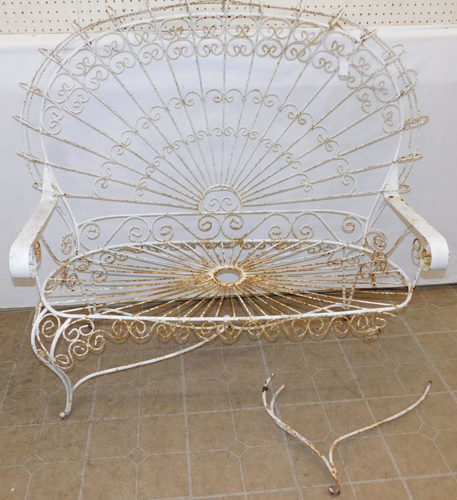 Wrought Iron Bench - (Broken Front Leg): Wrought Iron Bench - (Broken Front Leg). 47 1/2" W 47 1/2" H ALL DESCRIPTIONS AND ANY CONDITION STATEMENT GIVEN BY LANGSTON AUCTION GALLERY ARE STRICTLY OPINIONS AND LANGSTON'S SHALL HAVE NO RESPONSIB