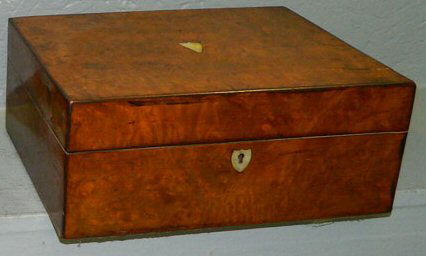 Burl walnut and mother of pearl inlaid box.: Burl walnut and mother of pearl inlaid box from the Julius Abernethy estate.