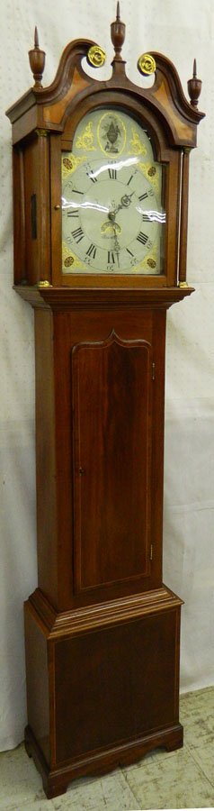 19th c. grandfather clock signed Jacob Shoftetter.: 19th century walnut case grandfather clock with satin wood inlay, signed Jacob Shoftetter, Hanover. 86" tall, from a Rocky Mount estate.