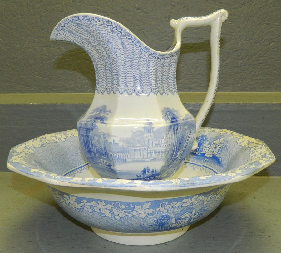 19th c. blue transfer ironstone bowl and pitcher.: 19th century blue transfer ironstone bowl and pitcher. Registry mark on bottom.