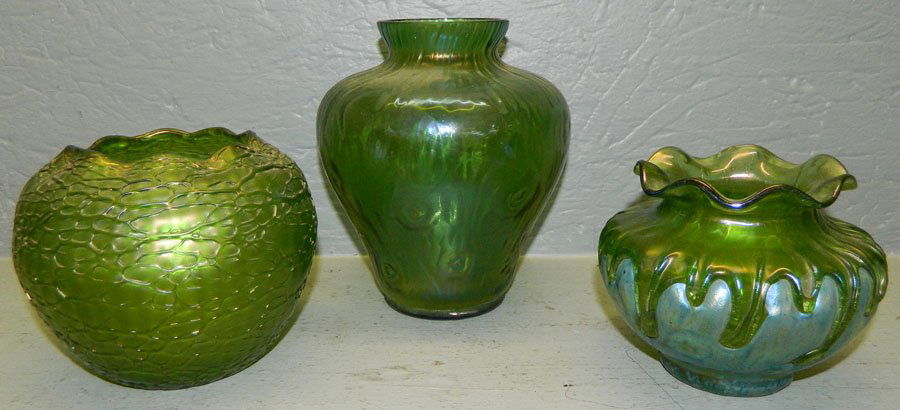 (3) Loetz art glass vases. 4" to 61/2" tall.: (3) Loetz art glass vases. 4" to 61/2" tall.