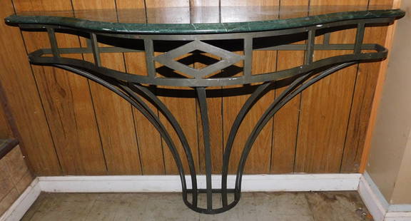 Wrought Iron Console With Green Marble Top: Wrought Iron Console With Green Marble Top. 50 1/2" W 17 1/4" D 31" H ALL DESCRIPTIONS AND ANY CONDITION STATEMENT GIVEN BY LANGSTON AUCTION GALLERY ARE STRICTLY OPINIONS AND LANGSTON'S SHALL HAVE NO