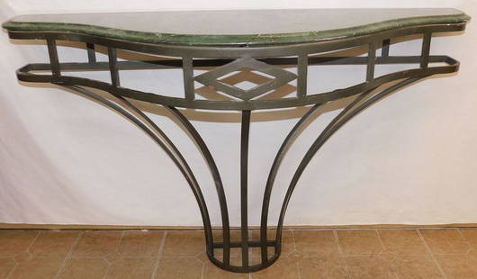 Wrought Iron Console With Green Marble Top: Wrought Iron Console With Green Marble Top. 50 1/2" W 17 1/4" D 31" H ALL DESCRIPTIONS AND ANY CONDITION STATEMENT GIVEN BY LANGSTON AUCTION GALLERY ARE STRICTLY OPINIONS AND LANGSTON'S SHALL HAVE NO