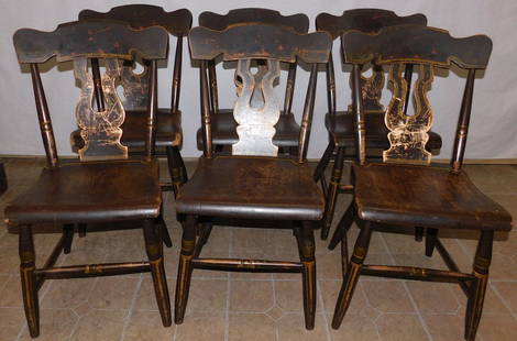 Set 6 Antique Paint Decorated Plank Bottom Side Chairs: Set 6 Antique Paint Decorated Plank Bottom Side Chairs. 32 1/4" H ALL DESCRIPTIONS AND ANY CONDITION STATEMENT GIVEN BY LANGSTON AUCTION GALLERY ARE STRICTLY OPINIONS AND LANGSTON'S SHALL HAVE NO