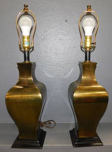 Pair Brass Urn Lamps: Pair Brass Urn Lamps. 26 1/2" H ALL DESCRIPTIONS AND ANY CONDITION STATEMENT GIVEN BY LANGSTON AUCTION GALLERY ARE STRICTLY OPINIONS AND LANGSTON'S SHALL HAVE NO RESPONSIBILITY FOR ERRORS OR