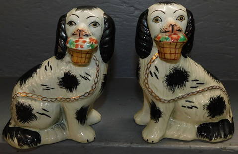 Pair Porcelain Spaniels: Pair Porcelain Spaniels. 6 1/2" H ALL DESCRIPTIONS AND ANY CONDITION STATEMENT GIVEN BY LANGSTON AUCTION GALLERY ARE STRICTLY OPINIONS AND LANGSTON'S SHALL HAVE NO RESPONSIBILITY FOR ERRORS OR OMISSIO