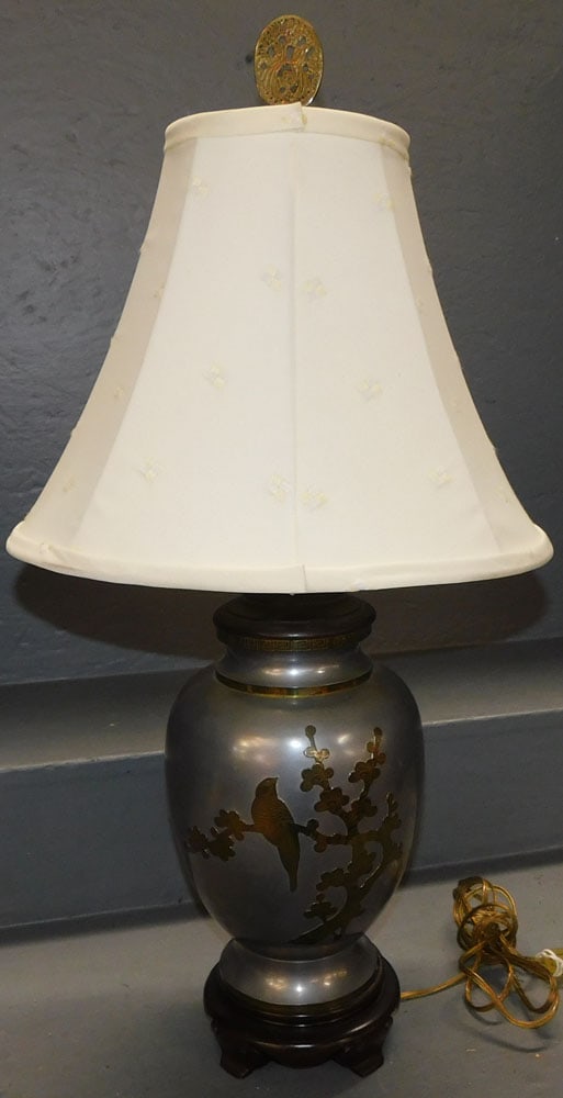 Pewter Oriental Vase With Brass Inlay Made Into Lamp (1 of 4)