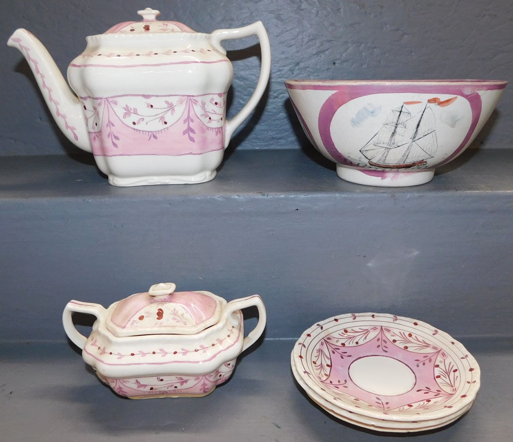 6 Pieces Antique English Luster Ware Porcelain: 6 Pieces Antique English Luster Ware Porcelain. Up to 6 1/4" H ALL DESCRIPTIONS AND ANY CONDITION STATEMENT GIVEN BY LANGSTON AUCTION GALLERY ARE STRICTLY OPINIONS AND LANGSTON'S SHALL HAVE NO RESPONS