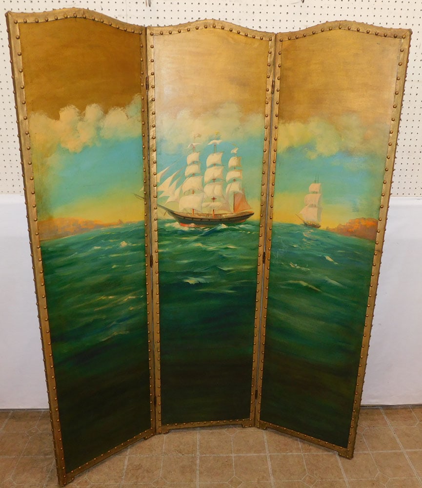 Three Panel Leather Hand Painted Ships Room Divider (1 of 4)
