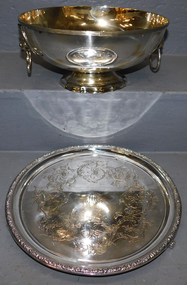 Polished Silver Plate Lion Head Handle Bowl & Tiffany Co. Salver (1 of 4)