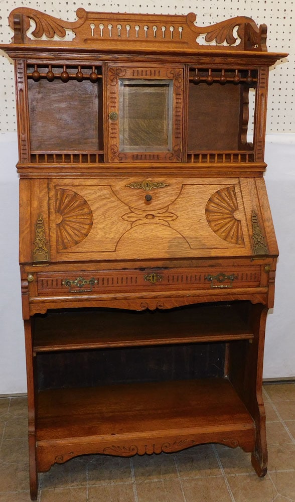 Antique Oak Carved Drop Front Secretary With Glass Door (1 of 9)