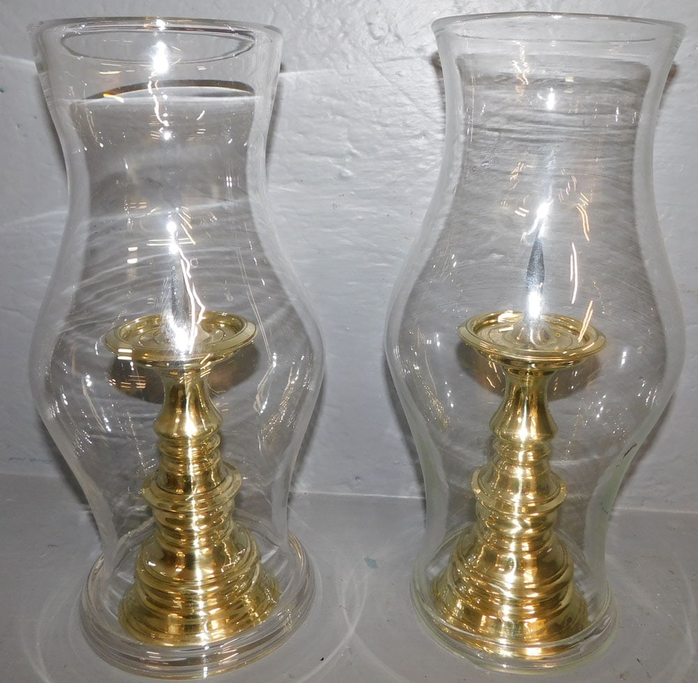 Pair Brass Colonial Williamsburg Candlesticks With Glass Hurricane Shades (1 of 2)
