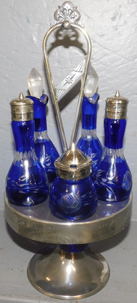 Victorian Silver Plate Cruet Stand With Cut To Clear Cobalt Blue Bottles (1 of 3)