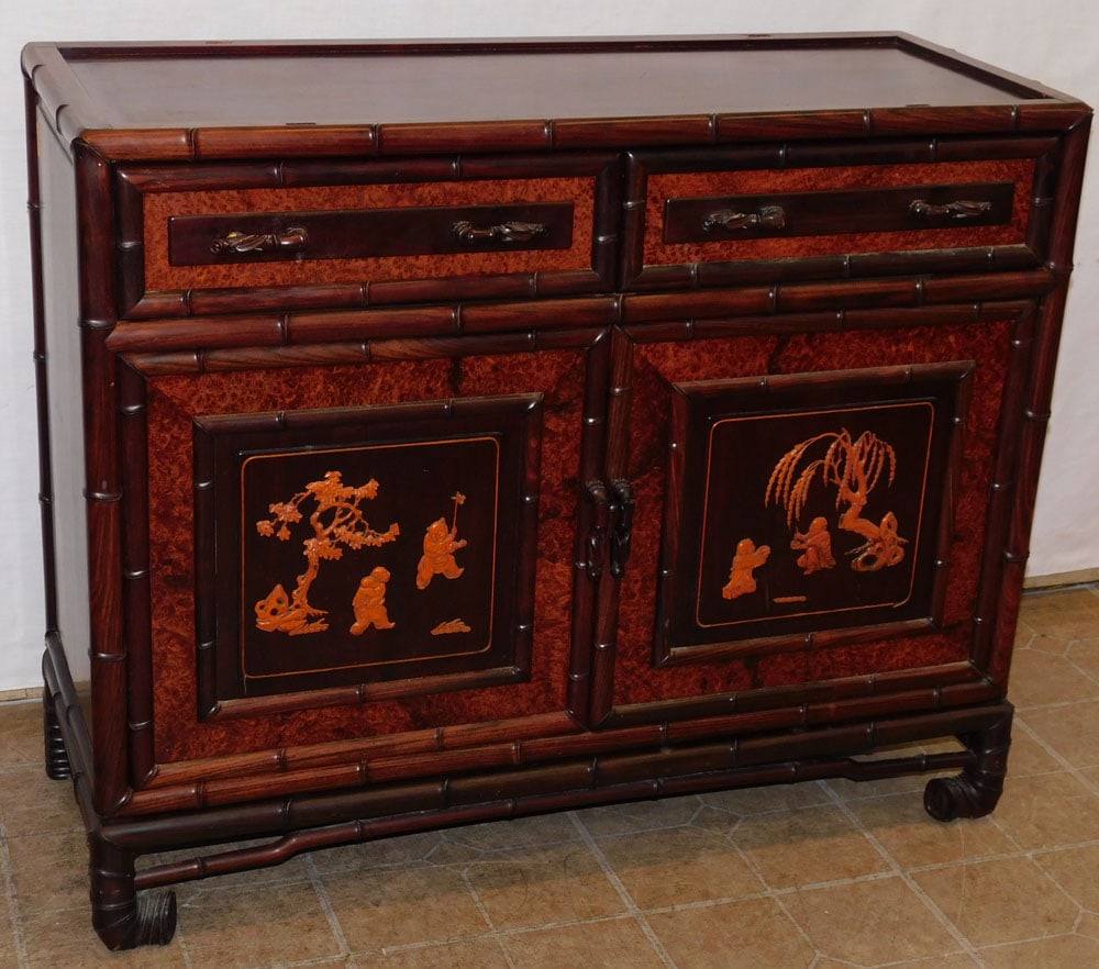 Chinese Rosewood Carved Faux Bamboo Two Drawer Over Two Door Server (1 of 9)