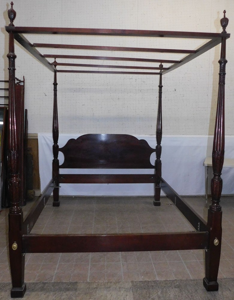 Carved Mahogany Queen Size Four Poster Bed With Canopy Top (1 of 7)