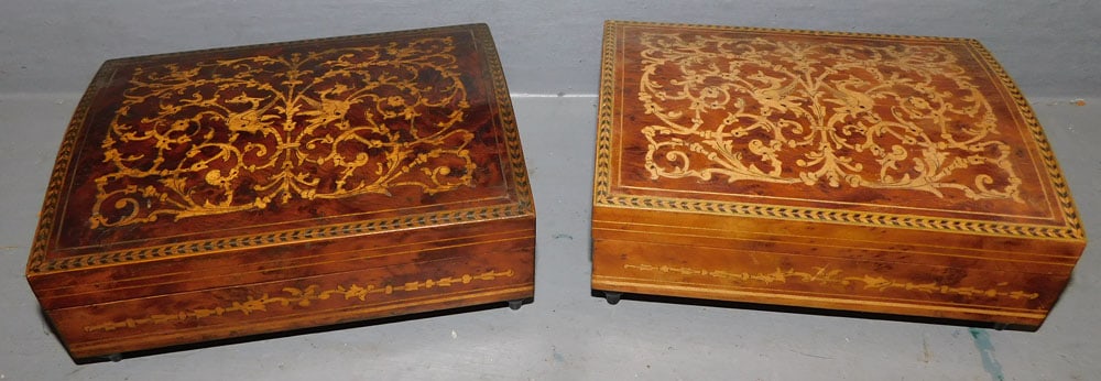 Pair Inlaid Burl Wood Musical Dresser Boxes (1 of 3)