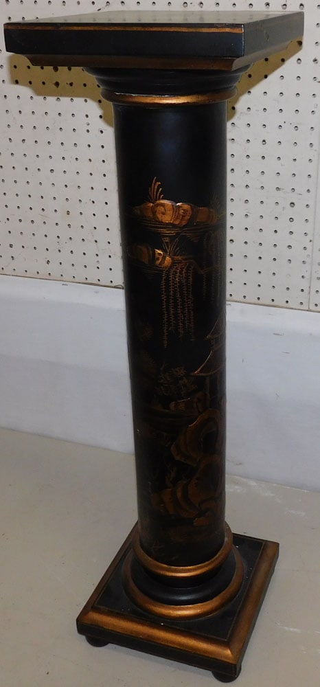 Chinoiserie Decorated Black Lacquered Pedestal  (1 of 4)