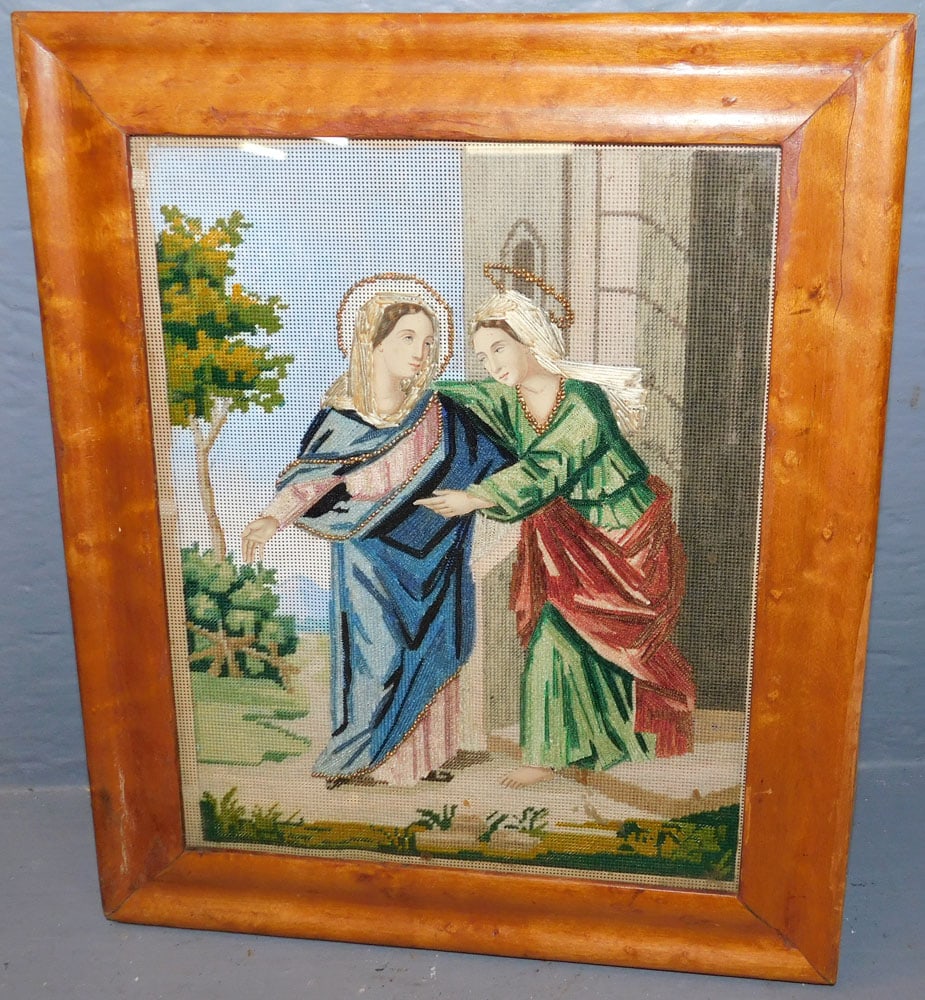 Maple Framed Religious Embroidery: Maple Framed Religious Embroidery. 10 1/2" x 12 1/2" ALL DESCRIPTIONS AND ANY CONDITION STATEMENT GIVEN BY LANGSTON AUCTION GALLERY ARE STRICTLY OPINIONS AND LANGSTON'S SHALL HAVE NO RESPONSIBILITY FO