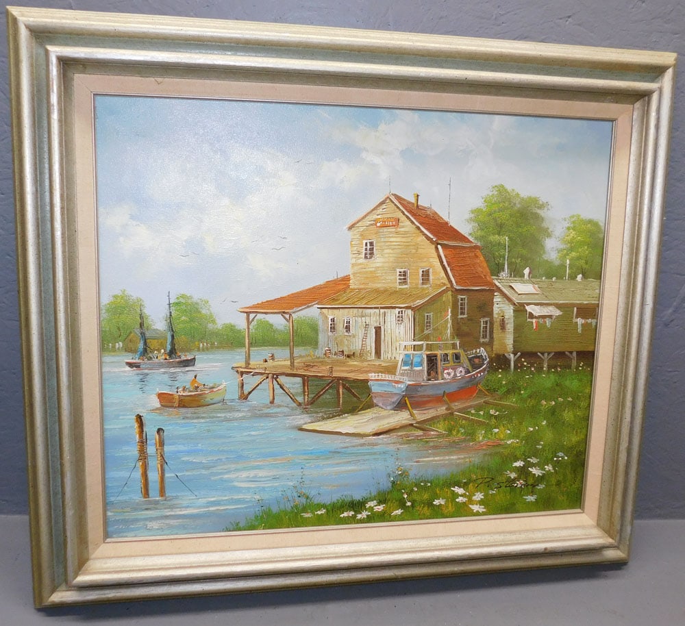 Framed Oil On Canvas Of Boat Dock Scene - Signed  (1 of 4)