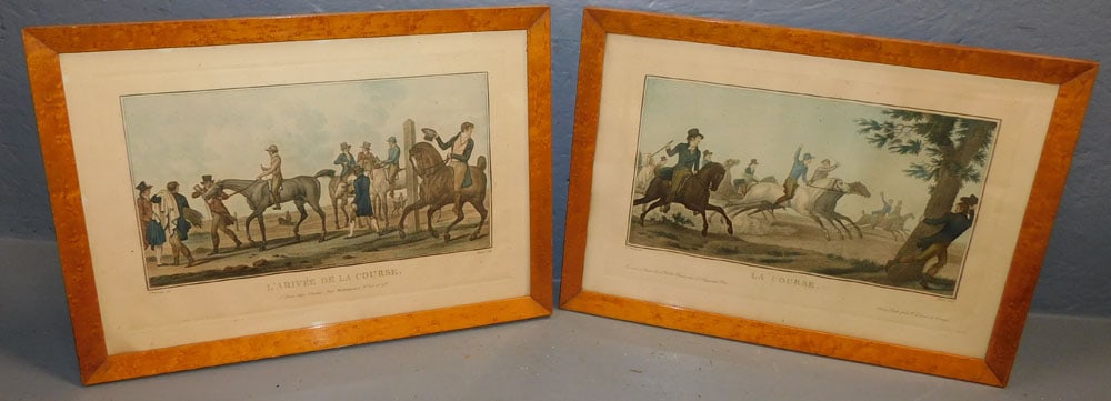 Pair Framed French Equestrian Scenes Engravings In Birds Eye Maple Frames  (1 of 6)