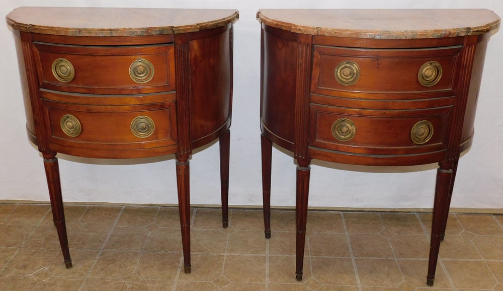 Pair 19th Century Cherry French Two Drawer Demilune Marble Top Bed Side Commodes: Pair 19th Century Cherry French Two Drawer Demilune Marble Top Bed Side Commodes. 29" W 14 1/2" D 33 1/2" H ALL DESCRIPTIONS AND ANY CONDITION STATEMENT GIVEN BY LANGSTON AUCTION GALLERY ARE STRICTLY