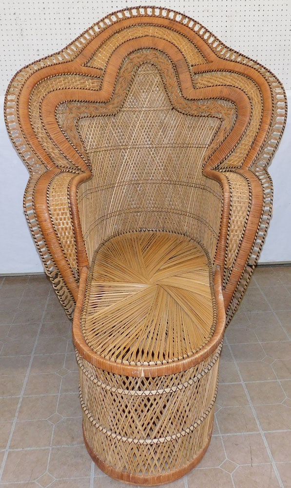 Monumental Rattan Cobra Chaise Lounge: Monumental Rattan Cobra Chaise Lounge. 49" W 65" L 60 1/2" H ALL DESCRIPTIONS AND ANY CONDITION STATEMENT GIVEN BY LANGSTON AUCTION GALLERY ARE STRICTLY OPINIONS AND LANGSTON'S SHALL HAVE NO RESPONSIB