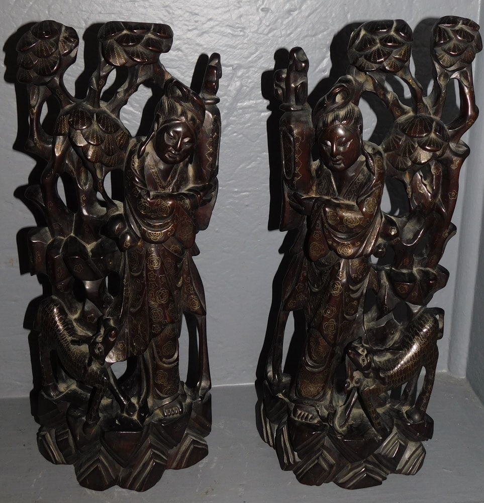 Pair of Chinese Open Work Carved Wood Figures with Inlaid Wire Work (1 of 10)
