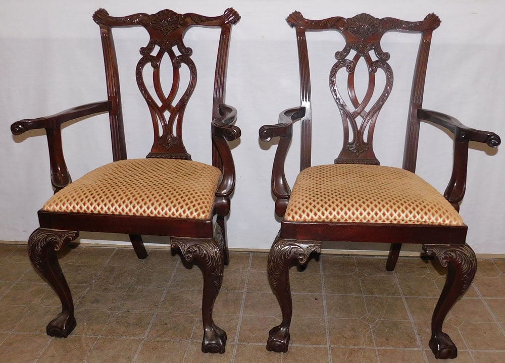 Pair Carved Mahogany Chippendale Style Arm Chairs (1 of 4)