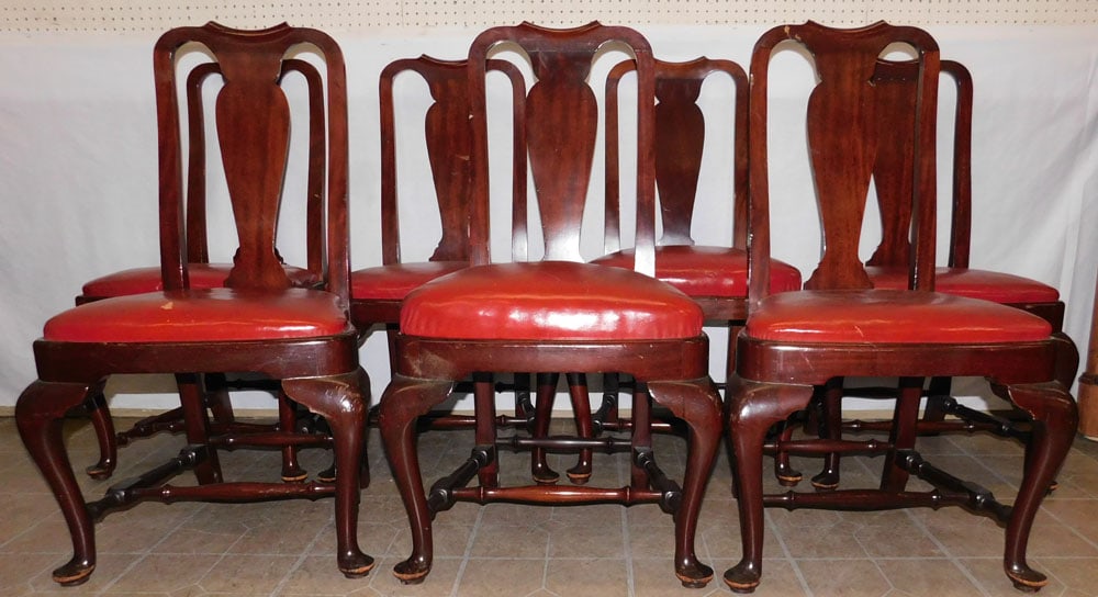 Set 7 Mahogany Queen Anne Style Leather Seat Dining Chairs (1 of 4)
