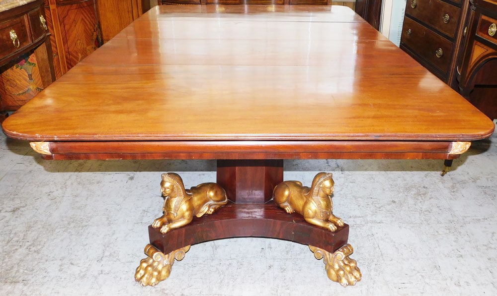 19th C Mahogany Gilt Decorated Egyptian Revival Dining Table With Two Leaves (1 of 7)