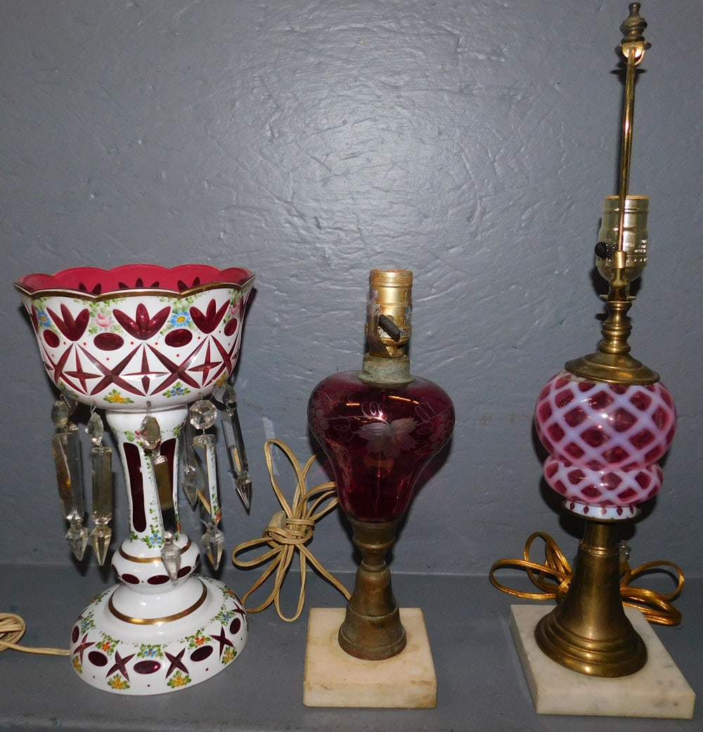 Bohemian Cranberry Luster & Two Cranberry Marble Base Lamps (1 of 6)